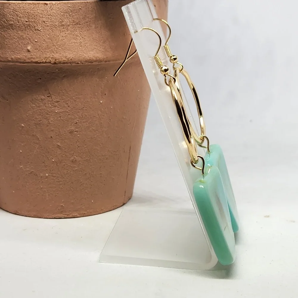Gold Tone Hoop and Marbled Turquoise Resin Square Geometric Drop Earrings 3 Inch